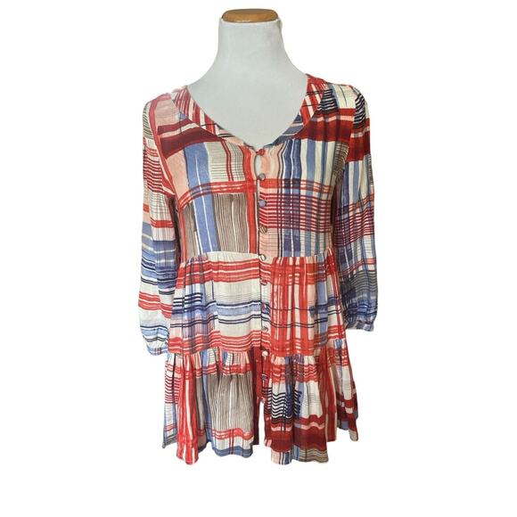 Maeve Anthropologie Plaid Tiered Flowy Blouse‎ / Size X Small Western Boho Artsy - Picture 1 of 6